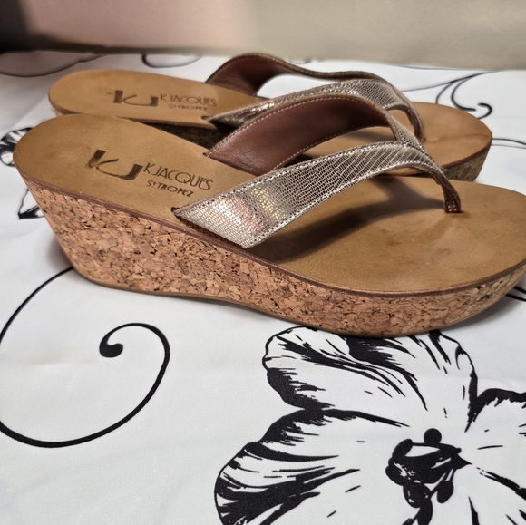 ♥️ K Jacques St. Tropez Diorite Gold Scale Thong Platforms Wedges - Picture 4 of 11